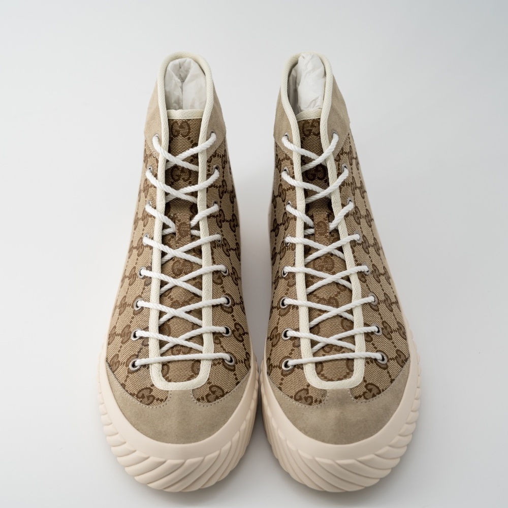 size 13G - Gucci GG Canvas Monogram Sneakers Tortuga Beige High Top - Picture 3 of 10